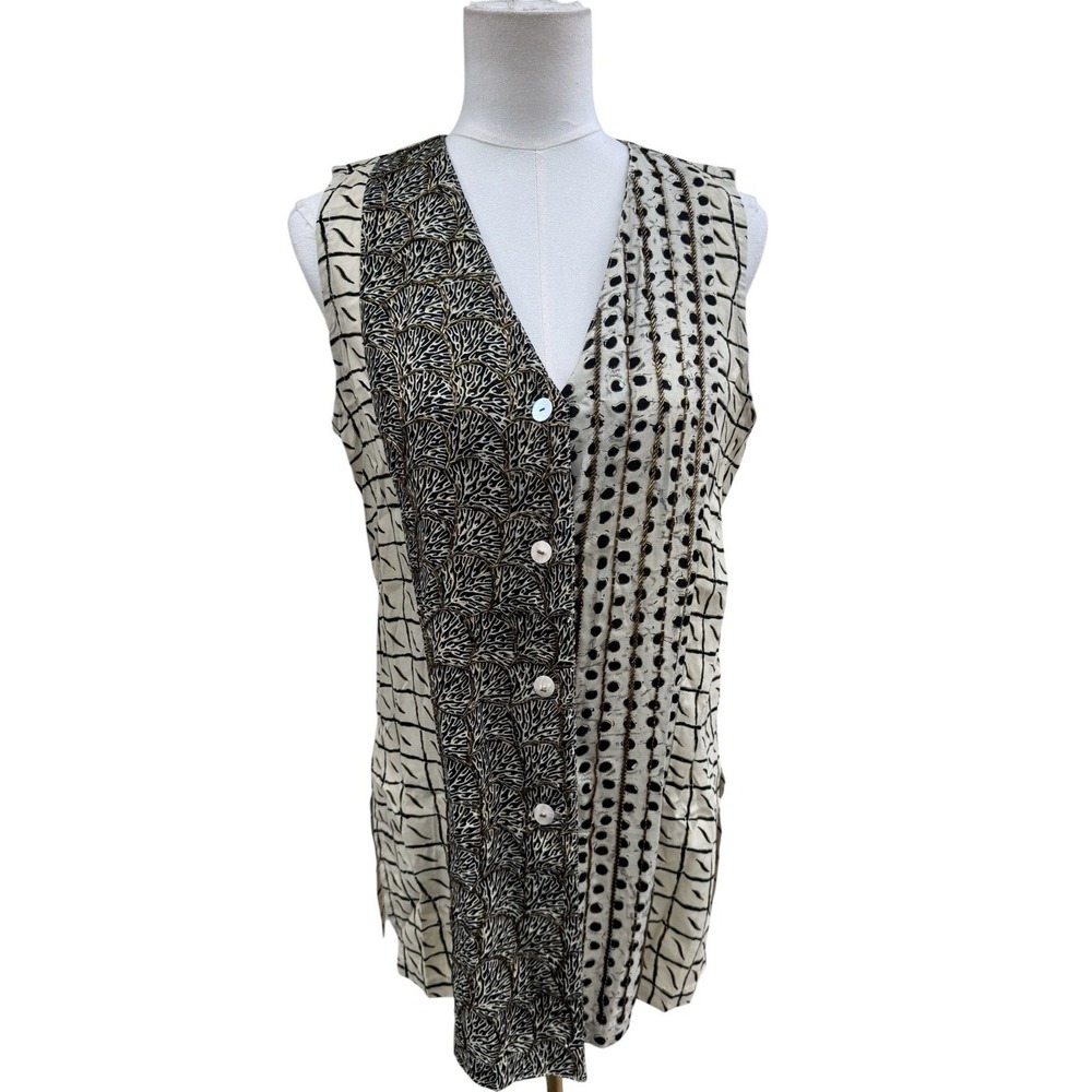 Vintage Surya Beaded Sleeveless Blouse Black Ivory Button Front Art to Wear S